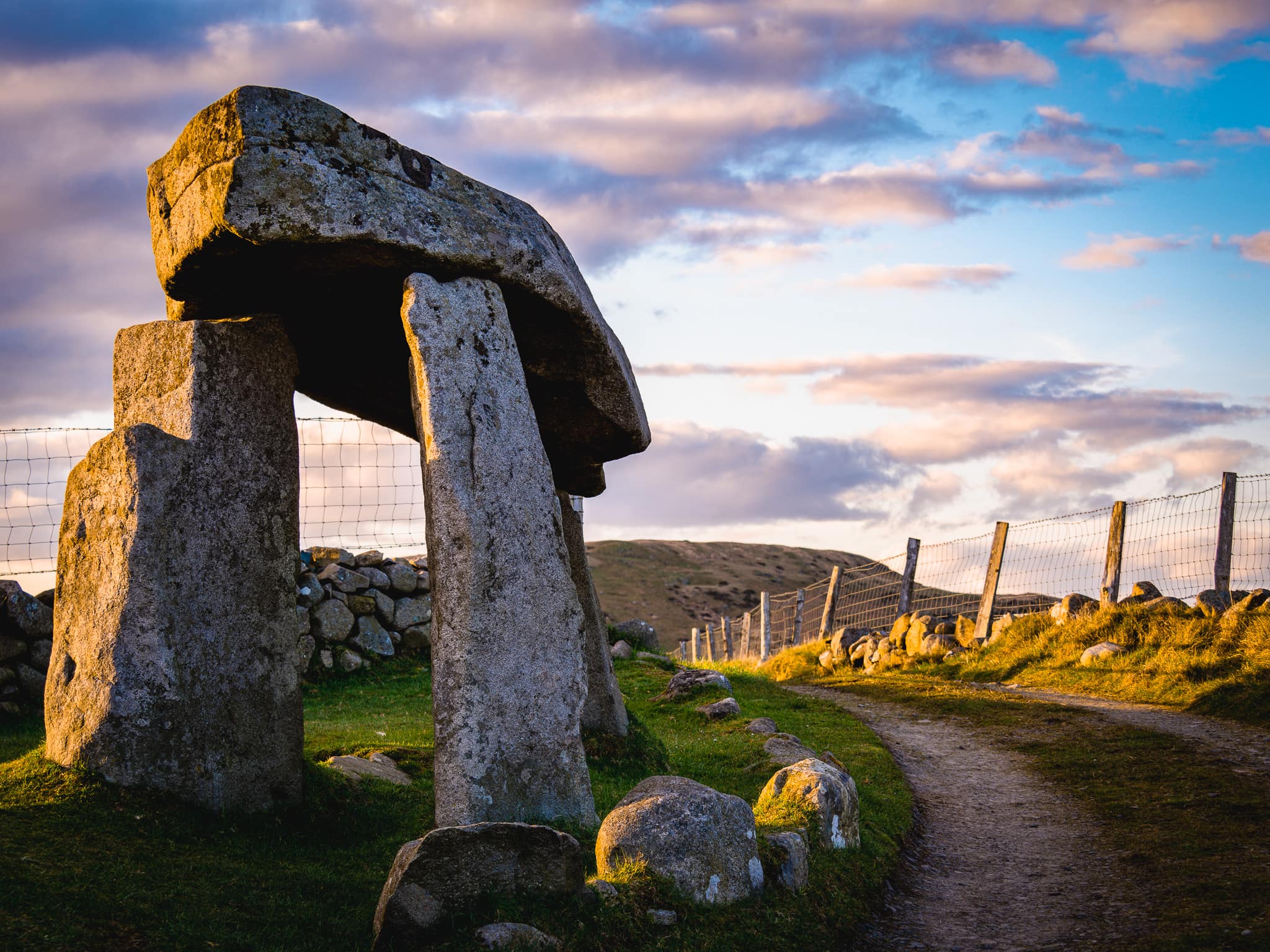 Legananny dolmen, an ancient burial site, in sun set
